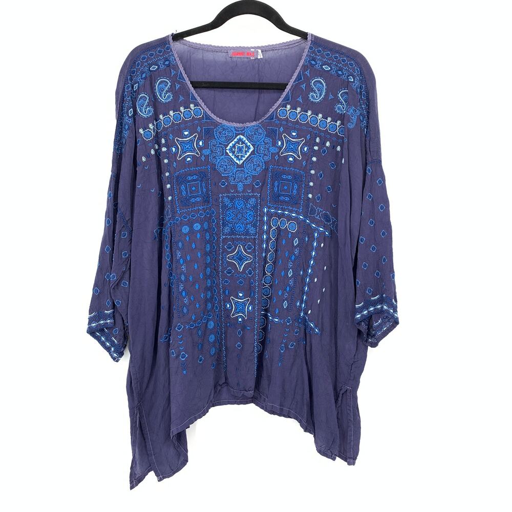 Johnny Was Tunic Womens Large Blue Embroidered Paisley Boho 3/4 Sleeve Blouse